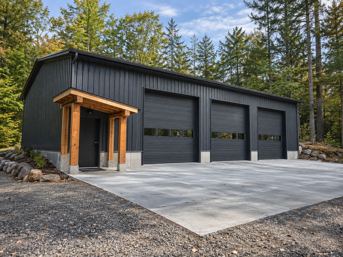 Completed charcoal-clad commercial workshop with three garage bays and a cedar entrance canopy