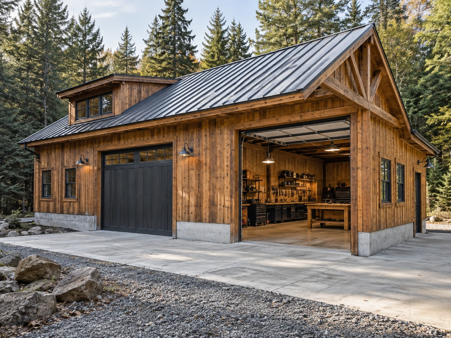 Cedar workshop and garage with a metal roof and an open work bay beside the woods